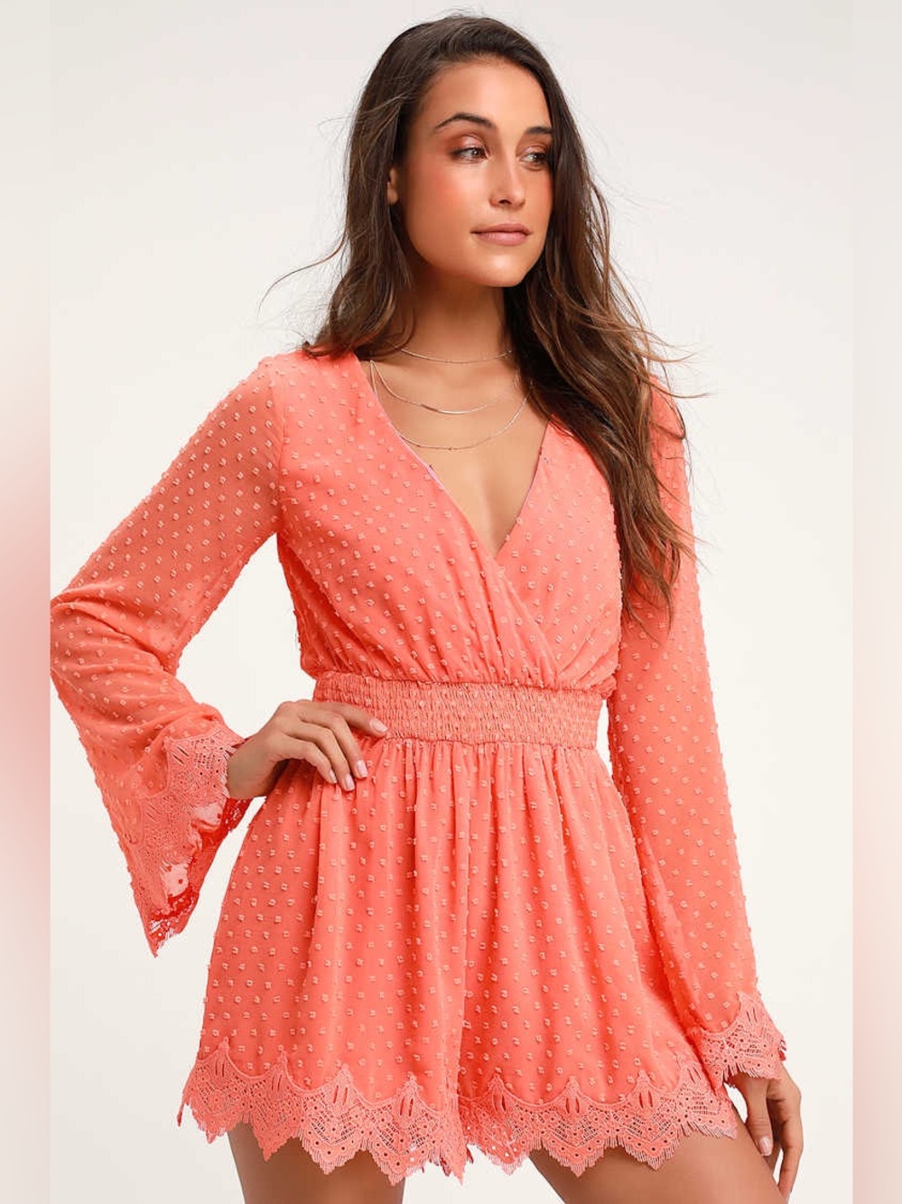 Lulu’s Meadowlake Coral Orange Swiss Dot Lace Bell Sleeve Romper
